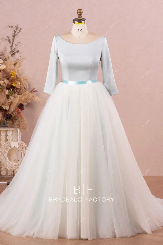 Best Deals Ice Blue Satin High-Low Bridal Dress with Removable Tulle Overskirt