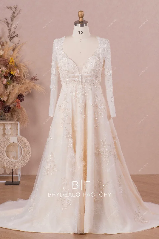 Final Clearance Plunging 3D Flower Lace A-line Wedding Dress with Jacket