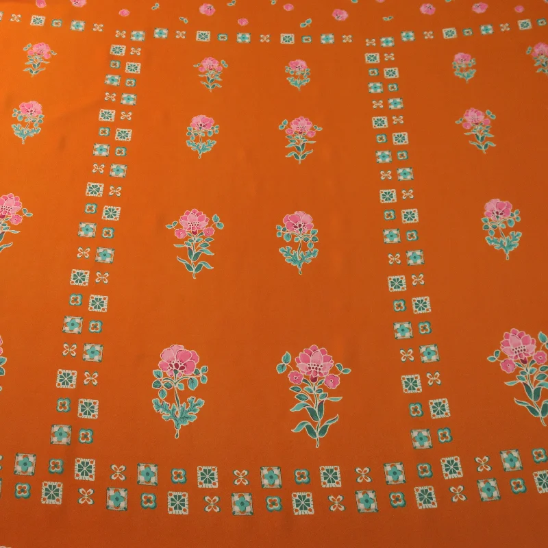 Stock Clearance Light Pink Floral on an Orange Background Printed Silk Chiffon Fabric Stock Clearance Light Pink Floral on an Orange Background Printed Silk Chiffon Fabric