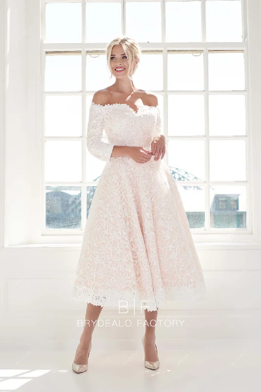Clearance Event Beautiful Lace Pearl Pink V-cut Off Shoulder Short Bridal Dress