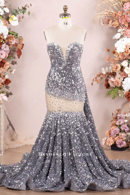 Price Slash Luxurious Silver Rhinestone Velvet Sequin Prom Dress