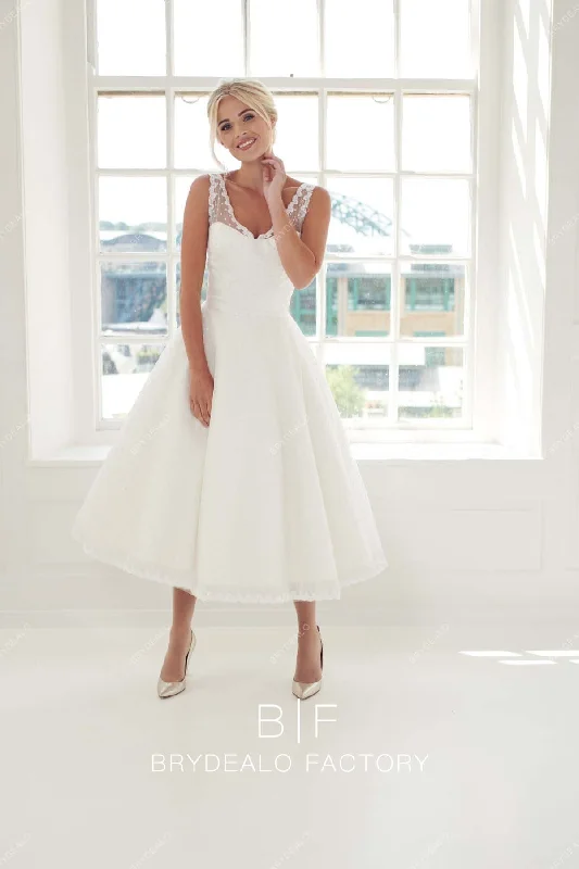 Clearance Items Tea Length Pretty Dot Lace V-neck Sleeveless Casual Bridal Dress