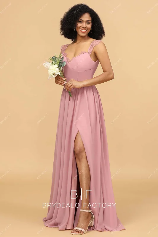 Great Deals Dusty Rose Lace Cap Sleeves Chiffon A-line Slit Bridesmaid Dress
