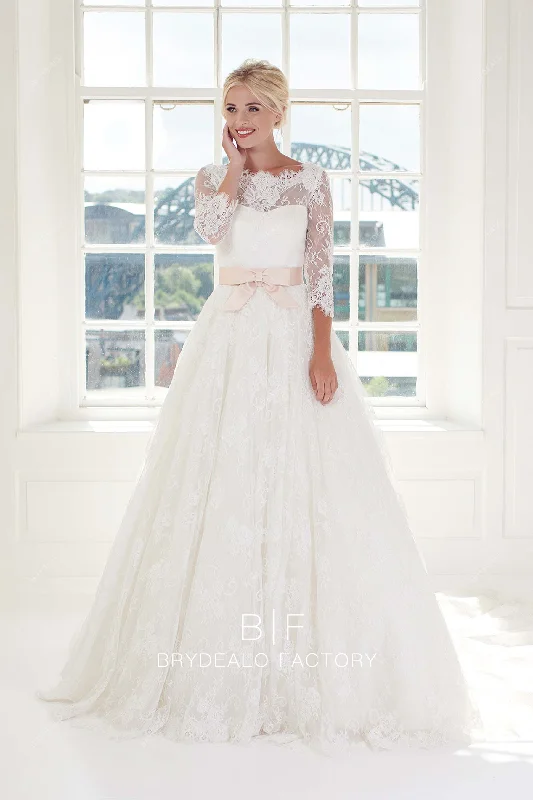 Super Deal Illusion Neck 3/4 Sleeve Lace Ball Gown Elegant Fall Wedding Dress