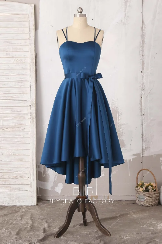 YEAR-End Sale Ink Blue Satin Spaghetti Straps High-low Formal Dress