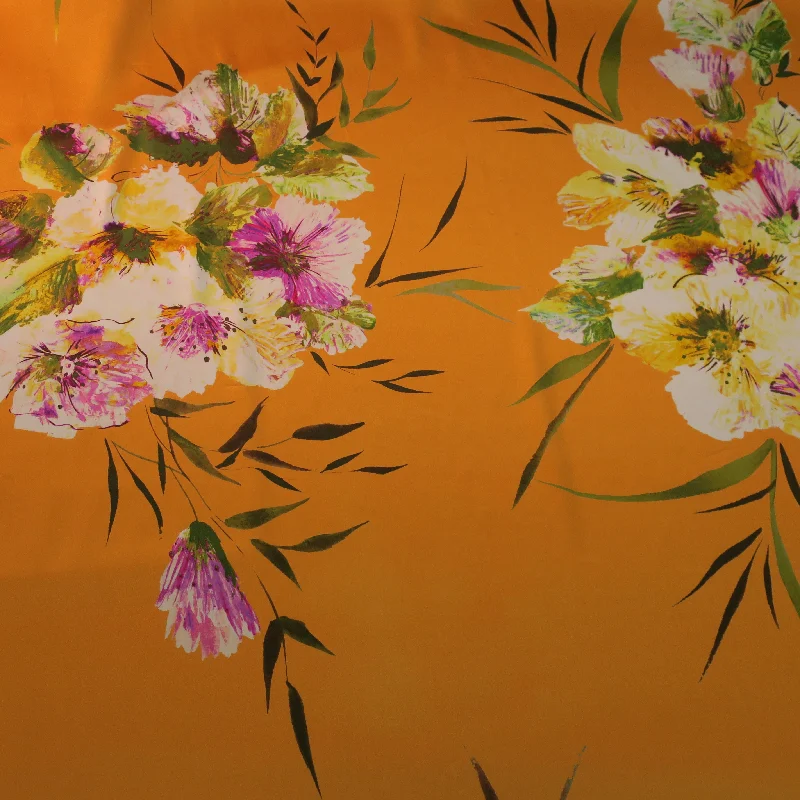Savings Spectacular Light Green Fuchsia and White Floral on an Orange Background Printed Silk Charmeuse Fabric Savings Spectacular Light Green Fuchsia and White Floral on an Orange Background Printed Silk Charmeuse Fabric