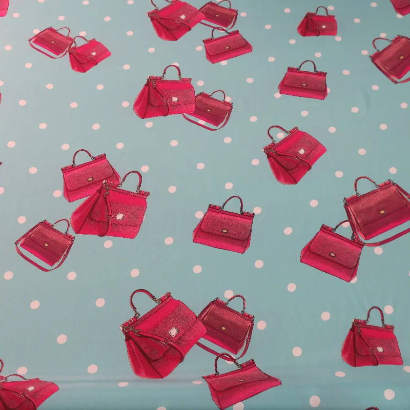 Grand Opening Sale Pink Purses on Turquoise Ground Printed Silk Charmeuse Fabric
