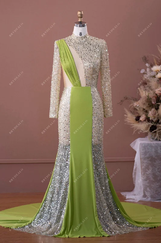 Huge Discounts Designer Wholesale Sage Green Beaded Jersey Prom Formal Dress