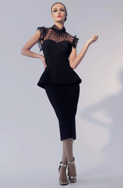 Closeout Nicole Bakti - 605 Illusion High Neck Peplum Cocktail Dress
