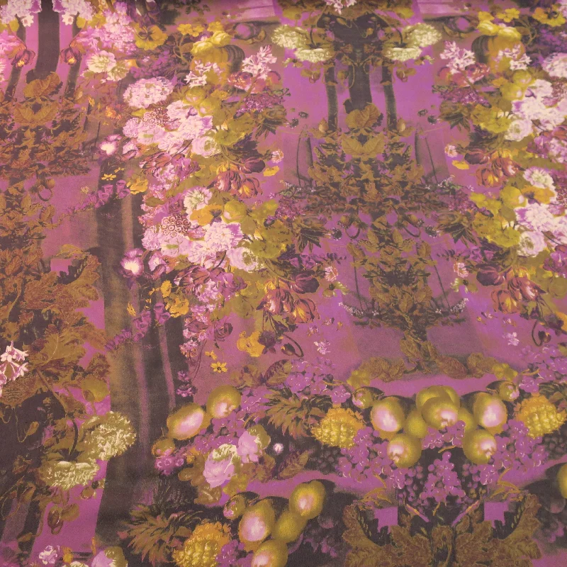 Now or Never Olive and Dark Purple Printed Silk Chiffon Fabric
