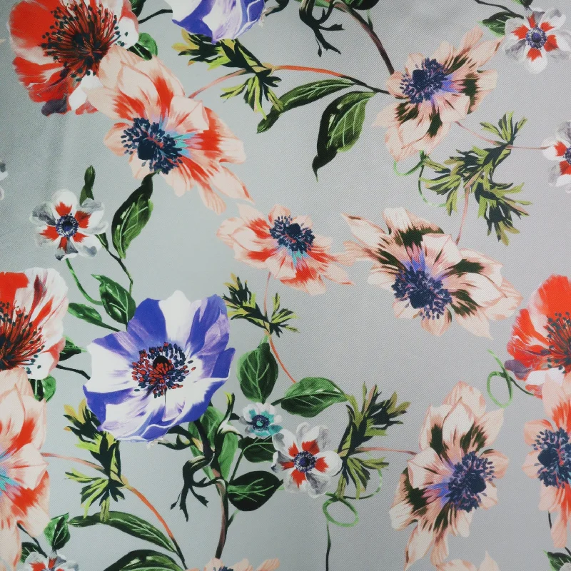 Reduced Prices Blue and Red Floral on Grey Background Printed Polyester Mikado Fabric