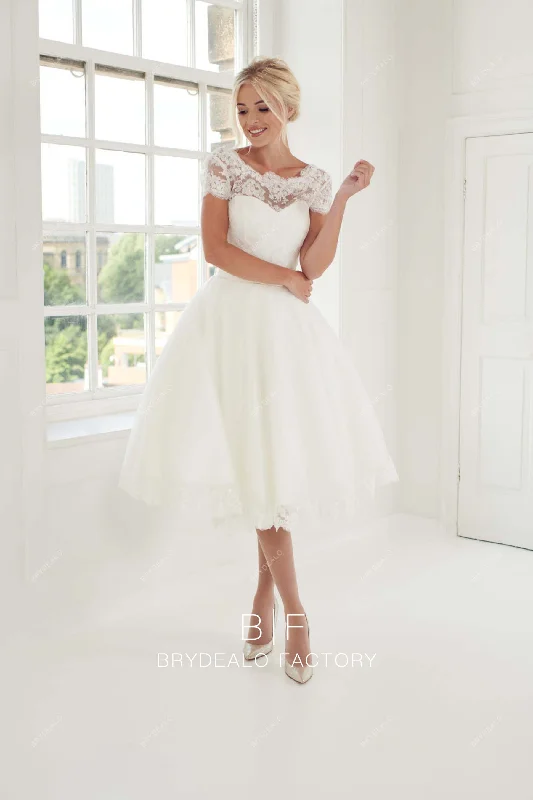 Extra Savings Vintage Lace Illusion Neck Short Sleeves Tea Length Bridal Dress
