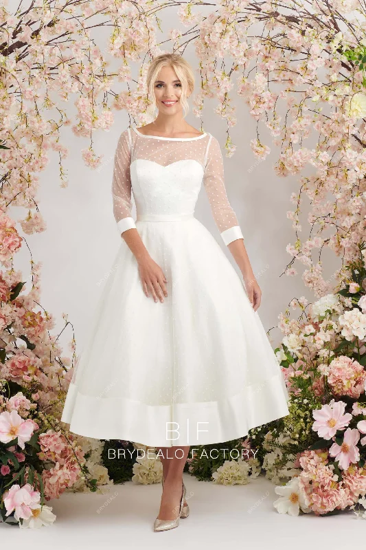 Online Only Dot Tulle 3/4 Sleeves Illusion Neck 1950s Tea-Length Bridal Dress