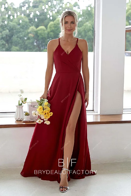 Deal Frenzy Burgundy Halter Neck A-line Chiffon Slit Wrap Bridesmaid Dress