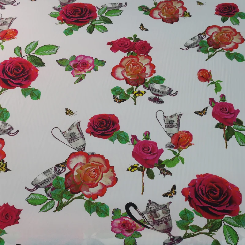 Unbeatable Prices Red Rose and Butterfly on White Ground Printed Silk Stretch Charmeuse