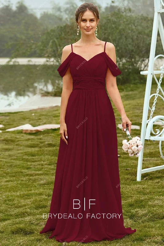 Limited Time Discount Burgundy Cold Shoulder Chiffon Slit Floor Length Bridesmaid Gown