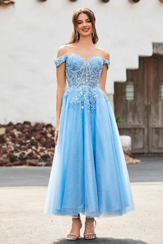 Special Savings Tea-Length A-Line Tulle Off-the-Shoulder Dress