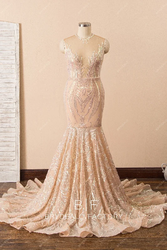 Customer Appreciation Sale Nude Sparkly Mermaid Prom Dress With Ruffled Long Train
