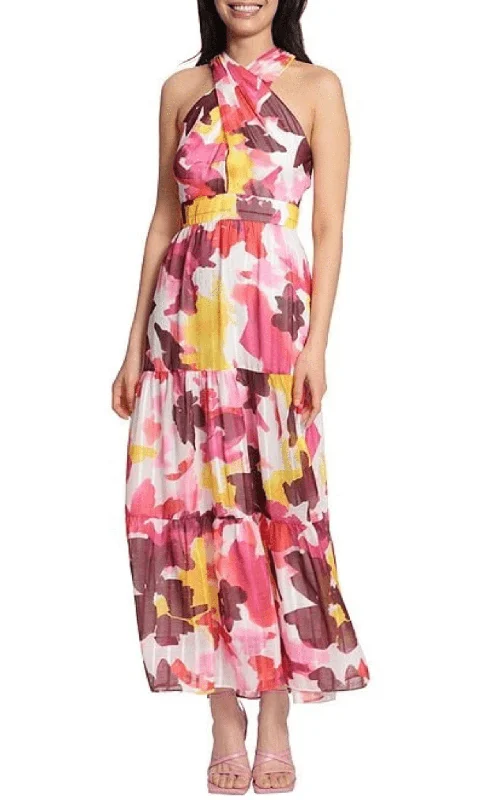 Crazy Deals Maggy London G5234M - Printed Crisscross Halter Maxi Dress