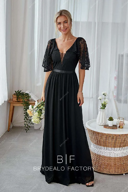 Year-End Sale Black Flutter Sleeves Lace Chiffon Bridesmaid Gown