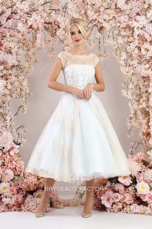 Closeout Sale Champagne Lace Overlaid Blue Tea Length Informal Wedding Gown