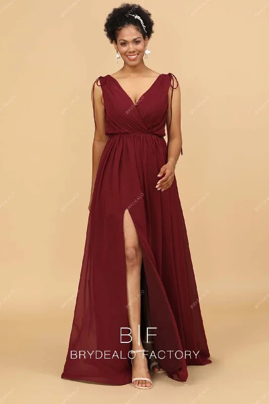 Bargain Bin Burgundy Ruched V-neck Sleeveless Chiffon Bridesmaid Dress