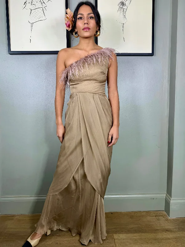 Deal Mania Angela, taupe vintage chiffon and feather dress