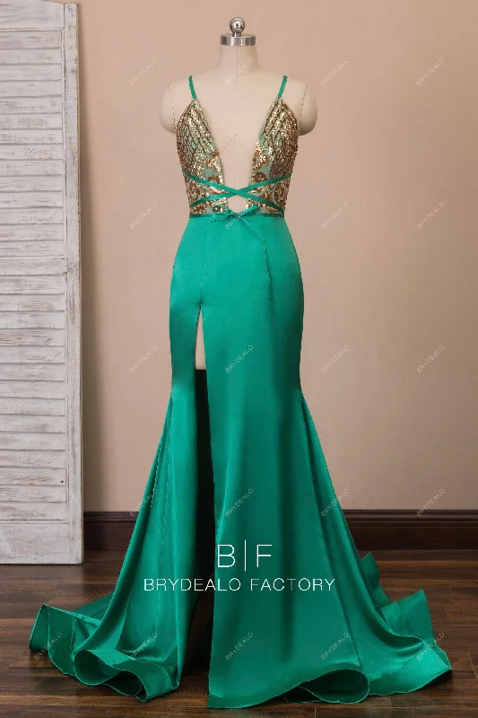 Time-Limited Offer Crisscross Back Thin Straps Plunging High Slit Satin Prom Dress