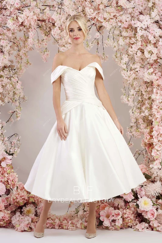 Instant Discount Off Shoulder Satin Elegant Tea Length Casual Wedding Dress