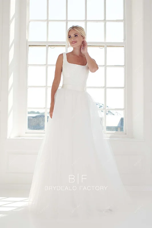 Major Savings Square Neck Sequin Satin Modest Tulle Overskirt Fall Wedding Dress