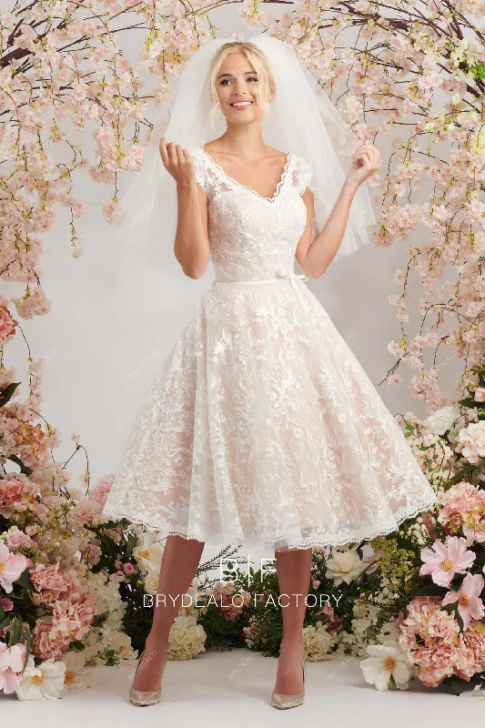 Super Sale Designer Lace Tea-Length Cap Sleeves Modern A-line Bridal Dress