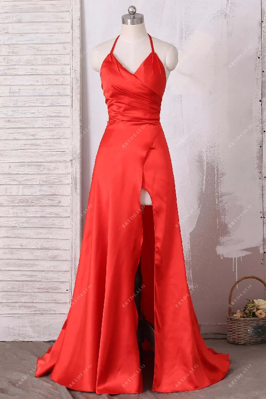 Discount Days Red Satin Halter Slit Fit and Flare Prom Dress