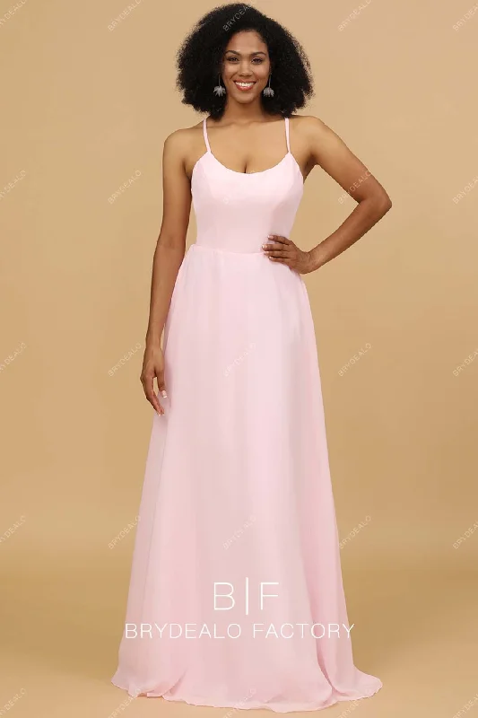 Take Advantage Pink Scoop Neck Chiffon Pocket Floor Length Bridesmaid Dress