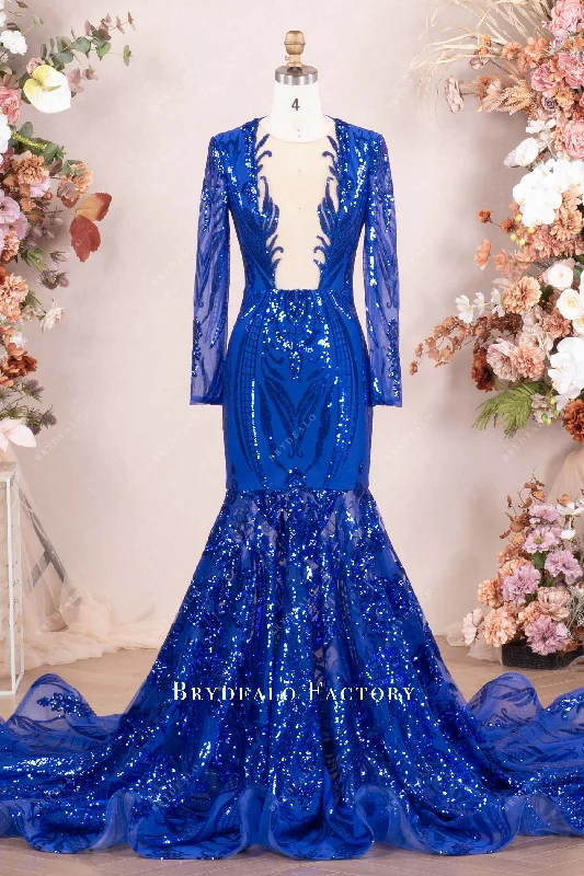 Low Prices Sparkly Royal Blue Long Sleeve Mermaid Prom Dress