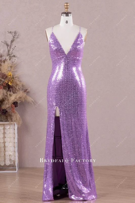 Grand Opening Sale Lilac Criss-Cross Back Sequin High Slit Evening Dress