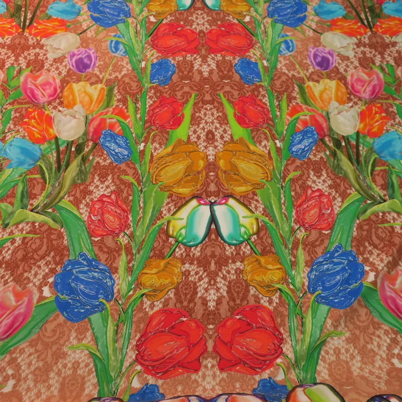 Online Only Multicolored Red Blue Orange Green Floral Printed Silk Charmeuse Fabric Online Only Multicolored Red Blue Orange Green Floral Printed Silk Charmeuse Fabric