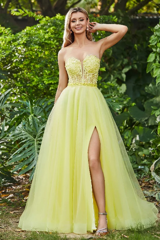 Fantastic Deals Strapless Corset Top Beaded Applique Slit Tulle Dress