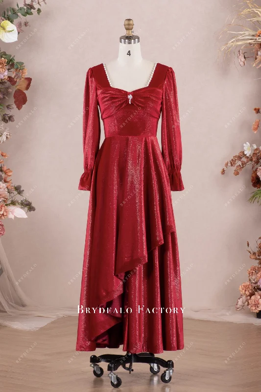 Savings Galore Red Shimmery Velvet Sleeved Square Neck Formal Dress