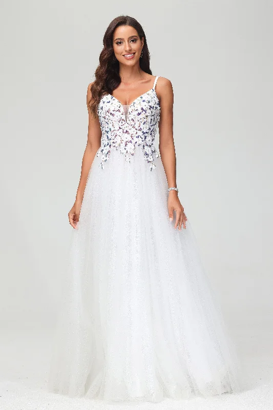 Buy More, Save More Deep V-neck Spaghetti Straps Tulle A-Line Floor-Length Dress