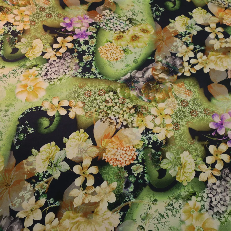 Deep Discounts Light Green and Dark Blue Floral Silk Charmeuse Fabric