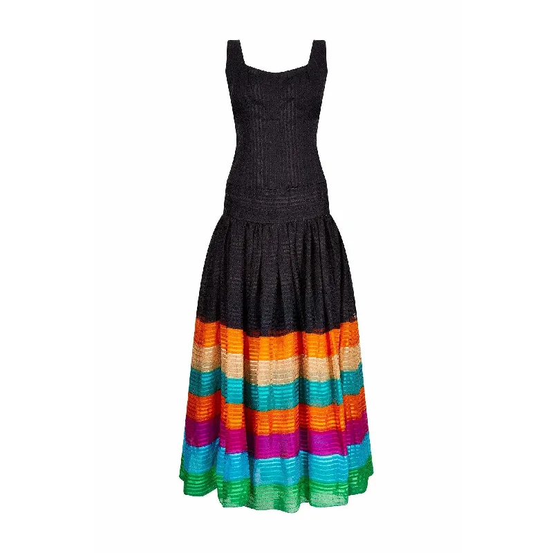 Take Advantage 1970s Rainbow Silk Chiffon Tiered Haute Couture Maxi Dress