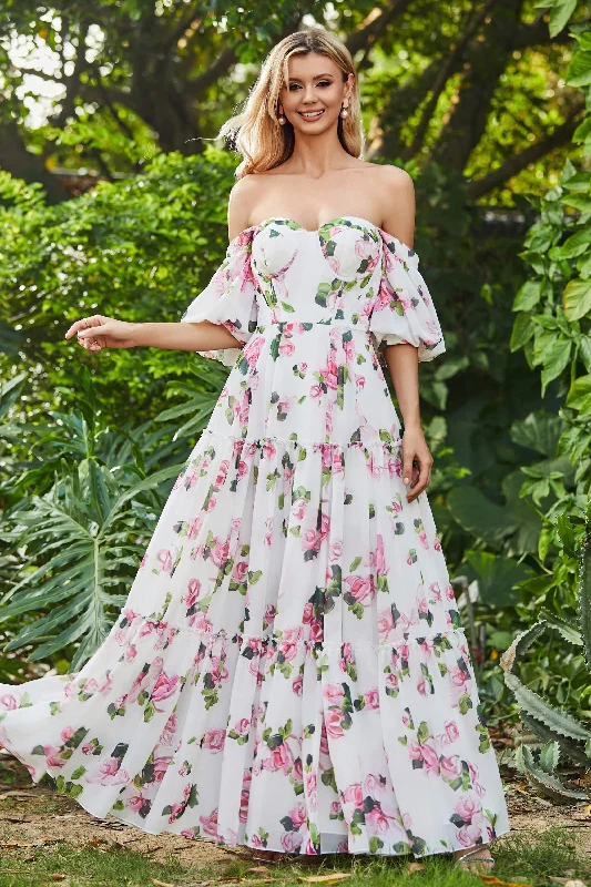 Buy More, Save More Off Shoulder Flowers Ruffled Chiffon Long Dress