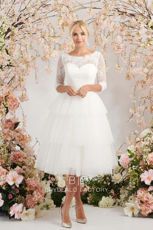 Massive Deals Vintage Lace 3/4 Sleeves Tea-Length Tiered Pleated Tulle Bridal Dress