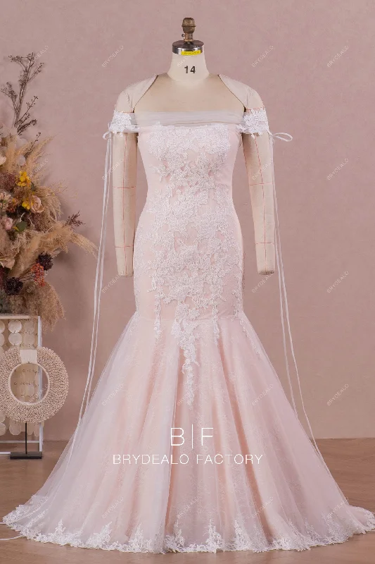 Final Sale Off Shoulder Lace Blush Trumpet Destination Fall Wedding Gown