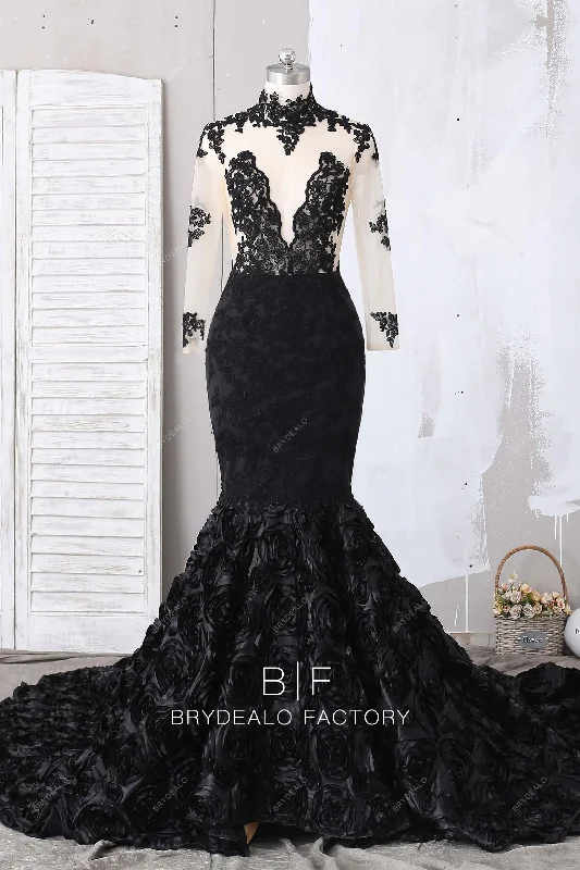 Extra Discounts Black Lace 3D Rosette Mermaid Sheer Long Sleeves Prom Dress