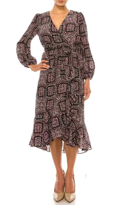 Blowout Sale Maison Tara 95611M - Faux Wrap Long Sleeve Dress