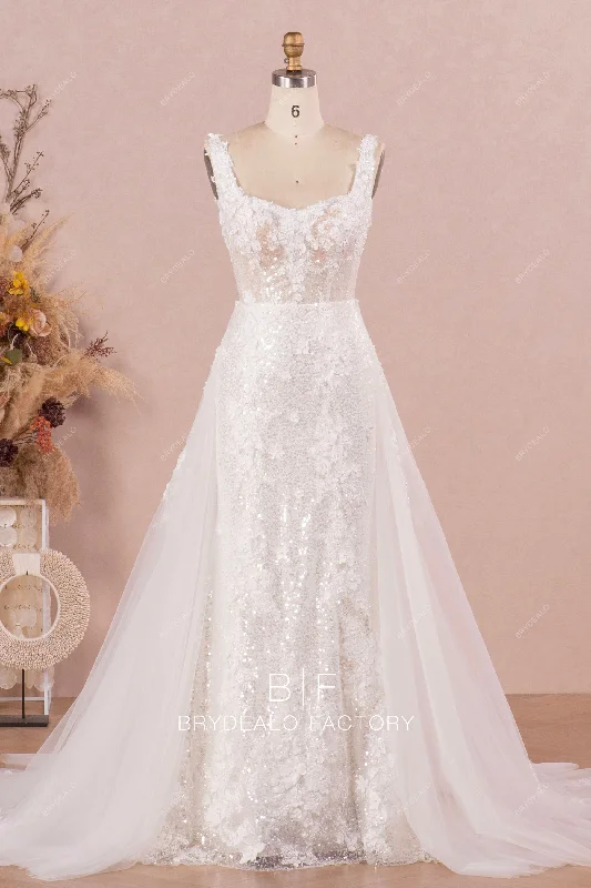 Final Clearance Sparkly Square Neck Mermaid Wedding Dress with Removable Overskirt Final Clearance Sparkly Square Neck Mermaid Wedding Dress with Removable Overskirt