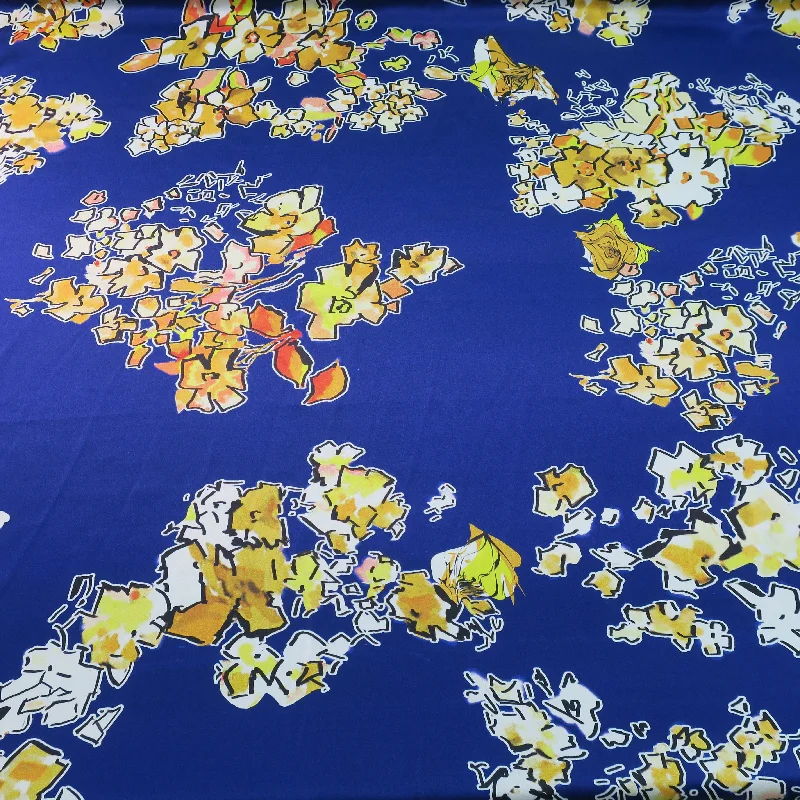 Weekend Special Abstract Floral Design on  Navy Ground Printed Silk Charmeuse Fabric