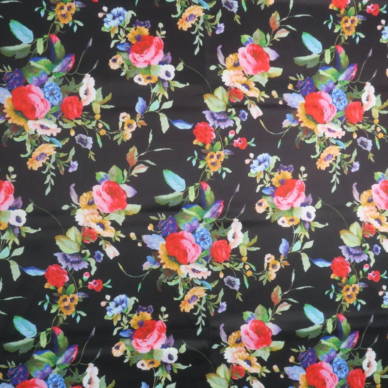 Closeout Pink and Red Roses on Black Background Printed Polyester Mikado Fabric