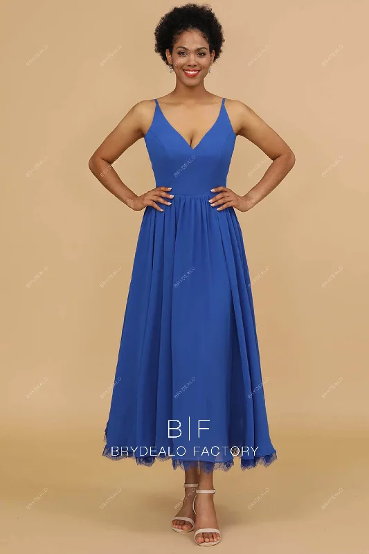Shop and Save Spaghetti Straps V-neck Tea Length Chiffon Lace Bridesmaid Dress